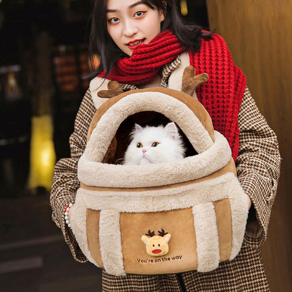 Plush Reindeer Dog Carrier Backpack – Winter Pet Travel Bag with Hand Warmers