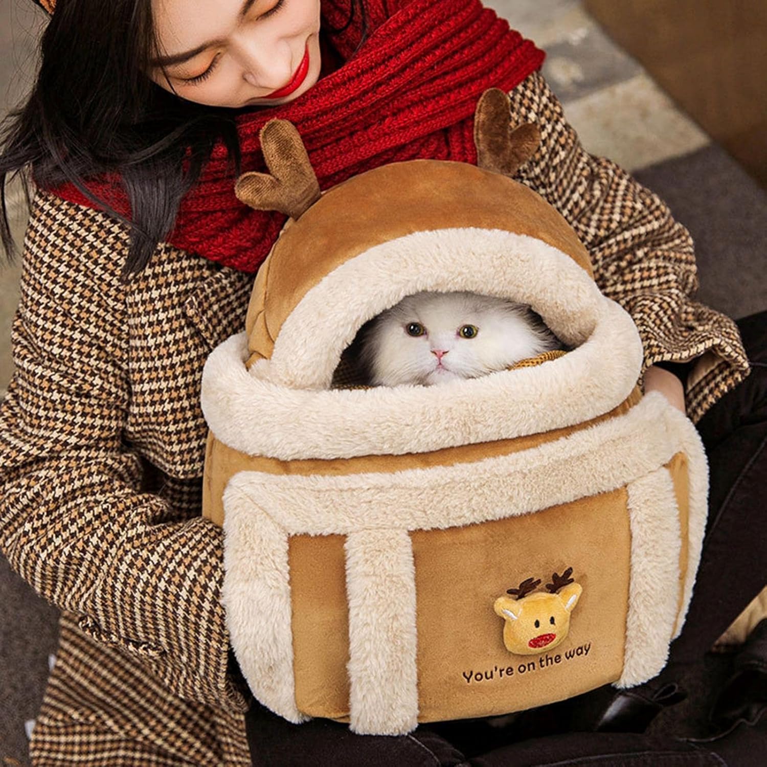 Plush Reindeer Dog Carrier Backpack – Winter Pet Travel Bag with Hand Warmers